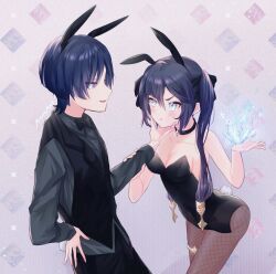 1boy alternate_costume animal_ears argyle_background artist_name bare_shoulders black_bow black_bowtie black_choker black_hair black_leotard black_pants black_shirt black_sleeves black_undershirt black_vest blunt_bangs blunt_ends blush bow bowtie breasts cheek_press choker cleavage closed_mouth collarbone dress_shirt eyelashes fake_animal_ears fake_tail female fishnet_pantyhose fishnets gem genshin_impact gold gradient_hair hair_between_eyes hairbow half-closed_eyes hand_on_another&#039;s_chin hand_on_own_hip hand_up highleg highleg_leotard highres holding_another&#039;s_arm imminent_attack jewelry lapels large_breasts leotard light_frown long_hair long_sleeves looking_at_another mona_(genshin_impact) multicolored_hair open_hand open_mouth pants pantyhose parted_bangs playboy_bunny ponytail_holder purple_eyes purple_hair rabbit_ears rabbit_tail red_gemstone red_lips remind_lam22 scaramouche_(genshin_impact) shirt sideboob sidelocks sideways_mouth smile star_(symbol) star_choker straight strapless strapless_leotard tail thighlet tuxedo twintails vest waistcoat wanderer_(genshin_impact) water 