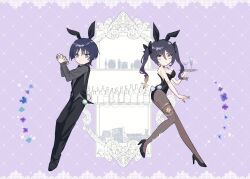  1boy alternate_costume anemo_symbol_(genshin_impact) animal_ears aqua_eyes arm_at_side artist_name bare_shoulders bartender black_bow black_choker black_hair black_leotard black_pants black_shirt black_shoes black_sleeves black_undershirt black_vest blue_gemstone blunt_bangs blunt_ends border bottle bow breasts choker cleavage closed_mouth cocktail_shaker cup dress_pants dress_shirt dress_shoes drinking_glass fake_animal_ears fake_tail female fishnet_pantyhose fishnets full_body gem genshin_impact glass gold grid_background hair_between_eyes hairbow hand_up high_heels highleg highleg_leotard highres holding holding_cocktail_shaker holding_tray hydro_symbol_(genshin_impact) jewelry large_breasts leotard light_blush long_hair long_sleeves looking_at_viewer mona_(genshin_impact) ornate_border oxfords pants pantyhose playboy_bunny ponytail_holder purple_background purple_eyes rabbit_ears rabbit_tail remind_lam22 scaramouche_(genshin_impact) shaking shirt shoes sidelocks smile star_ornament strapless strapless_leotard swept_bangs tail thighlet tray tuxedo twintails vest vision_(genshin_impact) waistcoat wanderer_(genshin_impact) wispy_bangs 