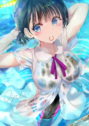  black_hair black_one-piece_swimsuit blue_eyes blush breasts cloud collared_shirt competition_swimsuit covered_navel female highres large_breasts looking_at_viewer mouth_hold multicolored_swimsuit ogata_tei one-piece_swimsuit original pool see-through_clothes shirt short_hair short_sleeves signature solo swimsuit swimsuit_under_clothes unbuttoned unbuttoned_shirt wet wet_clothes white_shirt 
