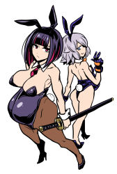  2girls animal_ears ass black_gloves black_hair blue_eyes breasts colored_inner_hair commentary_request gloves grey_hair high_heels highres holding holding_sword holding_weapon katana kobayashi_tetsuya large_breasts multicolored_hair multiple_girls necktie original playboy_bunny pregnant rabbit_ears rabbit_tail red_eyes red_hair smile sword tail weapon 