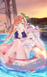  6+girls absurdres ahoge alternate_costume bikini blurry blurry_background braid breasts chisa_(peach_parfait)_(wuthering_waves) chisa_(wuthering_waves) commentary denia_(wuthering_waves) evening food hair_intakes highres hiyuki_(wuthering_waves) holding holding_food holding_popsicle innertube looking_at_viewer lucilla_(wuthering_waves) lynae_(peppermint)_(wuthering_waves) lynae_(wuthering_waves) medium_breasts michikusa_(bells_michi) multiple_girls orange_hair pink_hair popsicle purple_eyes sigrika_(wuthering_waves) smile swim_ring swimsuit wet white_bikini wuthering_waves 