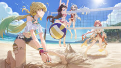  4girls absurdres aqua_bikini aqua_nails ball bare_shoulders barefoot beach beach_volleyball bikini bikini_skirt black_hair blonde_hair blue_sky breasts bump_(volleyball) carlotta_(splashing_summer)_(wuthering_waves) carlotta_(wuthering_waves) changli_(laurel_nymph)_(wuthering_waves) changli_(wuthering_waves) chisa_(peach_parfait)_(wuthering_waves) chisa_(wuthering_waves) colored_extremities commentary_request day denim denim_shorts dress_swimsuit feet fingernails fruit_earrings gradient_hair grin highres jewelry large_breasts laurel_crown legs llami_0 long_fingernails long_hair low_twintails lynae_(peppermint)_(wuthering_waves) lynae_(wuthering_waves) multicolored_hair multiple_girls nail_polish necklace official_alternate_costume one-piece_swimsuit open_fly pink_bikini pink_hair plaid_bikini plaid_clothes purple_eyes red_hands red_one-piece_swimsuit sand shirt shorts skirt sky smile soles spiking swimsuit toenails toes twintails volleyball_(object) volleyball_(sport) volleyball_net white_hair white_shirt white_skirt wuthering_waves 