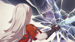  absurdres black_gloves black_sclera broken_mask colored_sclera commentary_request different_reflection erdos_helia erdos_helia_(planar_armament:_warped_spacetime) erdos_helia_(valkyrie_boltstorm) female glass_shards gloves headgear highres honkai_(series) honkai_impact_3rd jacket long_hair looking_at_reflection mask orange_eyes parted_lips punching red_jacket reflection stupid_goose_man white_hair 