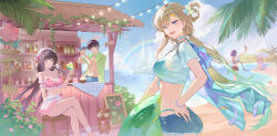 1boy 4girls abby_(wuthering_waves) absurdres alternate_costume aqua_bikini beret bikini bikini_skirt black_hair blue_eyes blue_sky boat braid braided_bangs breasts chisa_(peach_parfait)_(wuthering_waves) chisa_(wuthering_waves) cleavage cocktail_shaker commentary crossed_legs cup day denia_(wuthering_waves) denim denim_shorts dual_persona english_commentary female_rover_(wuthering_waves) flower fruit_earrings green_shirt hair_flower hair_ornament hair_ribbon hand_on_own_hip hat highres holding holding_cocktail_shaker holding_cup holding_swim_ring jacket large_breasts long_hair looking_at_viewer looking_to_the_side lynae_(peppermint)_(wuthering_waves) lynae_(wuthering_waves) male_rover_(wuthering_waves) multiple_girls namipon_(wuthering_waves) ocean open_clothes open_mouth open_shirt outdoors pink_bikini pink_ribbon plaid_bikini plaid_clothes rainbow ribbon rover_(wuthering_waves) runvill25 sailboat see-through_clothes see-through_shirt shirt shorts sitting skirt sky smile swim_ring swimsuit turning_head watercraft white_flower white_hat white_jacket white_shirt white_skirt wuthering_waves 