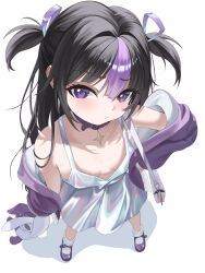  absurdres belt belt_collar black_hair closed_mouth collar commentary_request dress female from_above goddess_of_victory:_nikke hair_ribbon hand_on_own_hip highres jacket long_hair long_sleeves looking_at_viewer pout purple_belt purple_eyes purple_hair purple_jacket purple_ribbon purple_shoes ribbon sami_(ami12702752) shoes short_twintails simple_background socks solo standing syuen_(nikke) syuen_(young)_(nikke) twintails white_background white_dress white_socks 