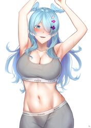  1girls armpits arms_above_head arms_up bare_midriff belly_button big_breasts blue_hair blush cleavage drawtasu elira_pendora hair_covering_eye hair_over_one_eye hair_wings hairclip head_wings light-skinned_female light_skin looking_at_viewer midriff navel nijisanji nijisanji_en one_eye_covered one_eye_obstructed solo sports_bra sports_shorts sportswear sweat sweating sweaty_armpits sweaty_belly virtual_youtuber white_background x_hair_ornament 