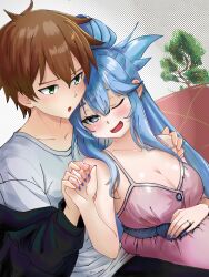  1boy alternate_costume aqua_(konosuba) blue_eyes blue_hair blue_nails blue_shirt blush breasts brown_hair cleavage collarbone commentary_request couple dress female fingernails green_eyes hand_on_another's_shoulder hand_on_own_stomach highres holding_hands hug hug_from_behind husband_and_wife indoors jewelry kono_subarashii_sekai_ni_shukufuku_wo! kotlight long_fingernails long_hair looking_at_another medium_breasts nail_polish pink_dress portuguese_commentary pregnant ring satou_kazuma shirt short_hair sitting sleeveless sleeveless_dress spaghetti_strap straight upper_body 