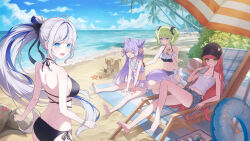  4girls ahoge aokumo_rin applying_sunscreen ball bare_shoulders barefoot baseball_cap beach beachball bikini bikini_bottom_under_shorts bikini_under_clothes black_bikini black_bow black_bowtie black_hat blue_eyes blue_hair blue_shorts blue_sky bottle bow bowtie breasts chair closed_eyes closed_mouth cloud collarbone commentary cone_hair_bun denim denim_shorts double_bun fox_tail green_eyes green_hair hair_bun hair_ornament hair_rings hair_scrunchie hairbow hanako_nana hat highres holding holding_bottle innertube jihi long_hair midriff multicolored_hair multiple_girls navel ocean on_chair open_mouth outdoors palm_tree pink_hair pom_pom_(clothes) pom_pom_hair_ornament ponytail purple_hair ruffle_bikini sand_castle sand_sculpture scrunchie shirt shorts sitting sky starfish stellive streaked_hair striped_bikini striped_clothes swim_ring swimsuit tail tenko_shibuki tree twintails two-tone_hair untranslatable_commentary very_long_hair virtual_youtuber water_bottle white_bow white_bowtie white_hair white_shirt wrist_scrunchie yuzuha_riko 