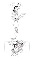  2026 anthro bodily_fluids bunnicula bunnicula_(series) carrying_another chester_(bunnicula) collar digital_media_(artwork) domestic_cat duo english_text fangs felid feline felis flying front_view fur half-closed_eyes hands_on_wrists head_wings hi_res holding_another lagomorph leporid looking_at_another male male/male mammal narrowed_eyes one_eye_closed one_eye_half-closed pregnant pregnant_anthro pregnant_male question_mark rabbit red_collar red_eyes scut_tail sharp_teeth short_tail siamese_cat speech_bubble sweat tail teeth text three-quarter_view tired tongue unusual_wing_placement vampire viat_on wings wrist_grab 