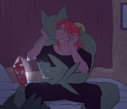  a_mu_(laiweitui) anthro bed bottomwear closed_eyes clothed clothing cuddling curtains duo ear_piercing ear_stud electronics fang_yuan_(laiweitui) fully_clothed furniture generation_3_pokemon hair hi_res holding_from_behind hug hugging_another hugging_from_behind human human_on_anthro in_the_dark interspecies kiss_on_forehead kissing laiweitui long_hair male male/male male_anthro male_human male_on_anthro male_on_human mammal nintendo on_bed painting_(object) pants phone piercing pokemon pokemon_(species) pokemon_trainer reptile scalie sceptile screen_light shirt sitting sitting_between_legs sitting_on_bed spread_legs spreading topwear 