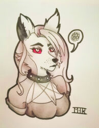  2021 anthro artist_logo bangs black_collar black_ear_ring black_ears black_eyebrows black_lips black_nose breasts bust_portrait canid canid_demon canine cheek_tuft cleavage closed_frown clothed clothed_anthro clothed_female clothing collar colored demon ear_piercing ear_ring english_description eyebrows eyelashes facial_tuft female female_anthro frown fur grey_body grey_clothing grey_fur grey_hair grey_topwear grumpy hair hellaverse hellhound helluva_boss hi_res lidded_eyes lips logo long_hair loona_(helluva_boss) mammal marker_(artwork) medium_breasts monstergirlreality mouth_closed multicolored_body multicolored_fur mythological_canine mythological_creature mythology piercing portrait red_sclera ring_piercing simple_background solo speech_bubble spiked_collar spikes three-quarter_view topwear traditional_media_(artwork) tuft whisker_spots white_background white_body white_fur 