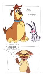  2026 annoyed anthro black_body black_ears black_eyes black_fur black_hair black_nose black_tail blue_collar blush brown_body brown_ears brown_fur brown_hair brown_nose brown_tail bunnicula bunnicula_(series) canid canine canis chester_(bunnicula) collar collar_tag digital_media_(artwork) domestic_cat domestic_dog exclamation_point felid feline felis first_person_view front_view fur gesture group hair half-closed_eyes hand_gesture harold_(bunnicula) lagomorph leporid long_ears looking_at_another male mammal multicolored_body multicolored_fur narrowed_eyes pink_eyes pink_sclera pointing pointing_at_another pregnant pregnant_anthro pregnant_male question question_mark rabbit red_collar scut_tail short_tail siamese_cat sitting spanish_text speech_bubble tail text translated trio two_tone_body two_tone_fur two_tone_tail vampire viat_on white_body white_fur white_tail yellow_sclera 