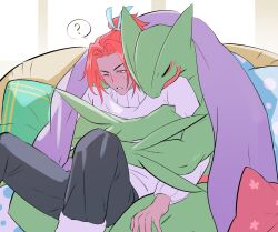  a_mu_(laiweitui) accessory anthro bedding blanket bottomwear closed_eyes clothed clothing duo fang_yuan_(laiweitui) fully_clothed generation_3_pokemon hair hair_accessory hair_tie hi_res hug hugging_another hugging_from_behind human laiweitui long_hair male male/male mammal nintendo one_eye_closed pants pillow pokemon pokemon_(species) pokemon_trainer question_mark reptile romantic romantic_couple scalie sceptile sitting surprise_hug sweater tied_hair topwear under_blanket 