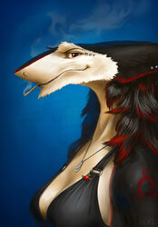  anthro apple big_breasts breasts bust_portrait cigarette clothing dog_tags dress female food formal_clothing fruit heni heni_(character) looking_at_viewer piercing plant portrait red_eyes sergal side_boob simple_background smoking solo 