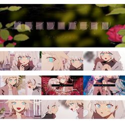  2girls aqua_eyes black_shirt blonde_hair blue_eyes blurry blurry_background braid cevio commentary danjou_sora flower furrowed_brow grey_hair hair_flaps jacket kizuna_akari leaf long_hair looking_at_another lyrics multiple_girls multiple_views one_(cevio) open_mouth own_hands_together pink_jacket production_art red_flower shirt short_hair smile song_name tears twin_braids upper_body very_long_hair vocaloid voiceroid white_shirt 