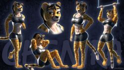  16:9 3d_(artwork) 4_toes 4k abs absurd_res anthro athletic athletic_anthro athletic_female athletic_wear barefoot big_breasts black_hair black_spots bottomwear bra breasts cheetah chenira_(johnwulffe) claws clothing digital_media_(artwork) facial_markings feet felid feline female fur gym_bottomwear gym_shorts hair head_markings hi_res johnwulffe looking_at_viewer mammal markings model_sheet muscular muscular_female running shorts sitting solo sports_bra sportswear spots standing tight_clothing toe_claws toes underwear whiskers widescreen yellow_body yellow_eyes yellow_fur 