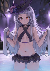  absurdres arched_bangs ass_visible_through_thighs bare_shoulders bikini black_bikini blush breasts choker collarbone criss-cross_halter female grey_hair hairband halterneck hat highres hololive karadborg long_hair looking_at_viewer microskirt murasaki_shion murasaki_shion_(hololive_summer_2019) navel orange_eyes outdoors pool purple_headwear sidelocks skirt small_breasts solo stomach swimsuit thighs virtual_youtuber wading water witch_hat 