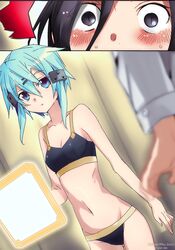  1boy ass_visible_through_thighs black_bra black_eyes black_hair black_panties blue_eyes blurry blurry_foreground blush bra breasts bunbun cleavage collarbone colorized cowboy_shot female groin hair_between_eyes highres kirito kirito_(sao-ggo) navel panties rikusempai sinon small_breasts sweatdrop sword_art_online thigh_gap underwear underwear_only watermark 