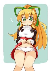  ? blonde_hair blush bow bow_panties clothes_lift commentary_request dress dress_lift female green_eyes green_ribbons hair_ribbon highres lifting_own_clothes long_hair long_sleeves looking_at_viewer mega_man_(classic) mega_man_(series) navel panties pink_bow ponytail red_dress red_skirt ribbon roll_(mega_man) shirogane_(platinum) simple_background skirt solo standing underwear white_panties 