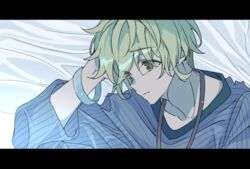  1boy amami_rantaro bed_sheet black_border blue_shirt border bracelet closed_mouth commentary_request danganronpa_(series) danganronpa_v3:_killing_harmony green_eyes green_hair jewelry jingle_(mhb729) letterboxed male_focus necklace shirt short_hair solo striped_clothes striped_shirt 