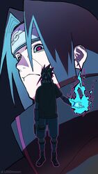  2boys bandaged_leg bandages black_hair brothers chidori_(naruto) closed_mouth electricity electrokinesis forehead_jewel frown glowing glowing_eyes glowing_hand gradient_background hair_between_eyes headband highres konohagakure_symbol looking_at_viewer looking_down male_focus multiple_boys naruto naruto_(series) ninja outline pouch purple_eyes purple_outline red_eyes scratches sharingan shimizugawa siblings spiked_hair standing thigh_pouch thigh_strap toeless_footwear tomoe_(symbol) twitter_username uchiha_itachi uchiha_sasuke wand wide-eyed 