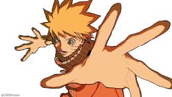  1boy blonde_hair blue_eyes collarbone facial_mark jacket lower_teeth_only male_focus naruto naruto_(series) open_hands open_mouth orange_jacket reaching reaching_towards_viewer shimizugawa simple_background solo spiked_hair teeth twitter_username upper_body uzumaki_naruto whisker_markings wide-eyed zipper_pull_tab 