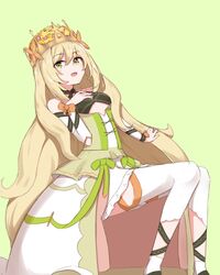  bare_shoulders blonde_hair blush breasts butterfly_hair_ornament celine_(fire_emblem) chirun0 crown dress female fire_emblem fire_emblem_engage flat_chest green_eyes hair_ornament highres long_hair looking_at_viewer platform_footwear princess ribbon sleeveless sleeveless_dress smile solo thighhighs very_long_hair 