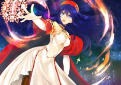  aged_up blue_eyes blue_hair breasts brown_pantyhose cape cleavage detached_sleeves dress female fire_emblem fire_emblem:_the_binding_blade fire_emblem_heroes floating_hair hair_between_eyes jewelry lilina_(fire_emblem) lilina_(firelight_leader)_(fire_emblem) long_dress long_hair long_sleeves magic medium_breasts open_mouth outstretched_arm outstretched_hand pantyhose red_cape ring shoochiku_bai sleeveless sleeveless_dress solo very_long_hair white_dress white_sleeves 