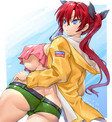  aged_up amania_orz backboob bakusou_kyoudai_let&#039;s_&amp;_go!! black_ribbon blue_eyes breasts commentary_request copyright_request cowboy_shot dated female from_behind green_shorts hair_between_eyes hair_ribbon hood hood_down jacket long_hair long_sleeves micro_shorts oogami_marina red_hair ribbon shadow shorts sideboob solo twintails twitter_username underboob very_long_hair yellow_jacket 