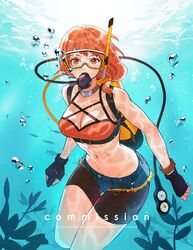  bikini breasts commission denim denim_shorts female fingerless_gloves fire_emblem fire_emblem:_three_houses fire_emblem_heroes fish gloves highres leonie_pinelli leonie_pinelli_(summer) looking_at_viewer official_alternate_costume orange_bikini orange_eyes orange_hair scuba scuba_gear shorts sumustard swimsuit underwater water 