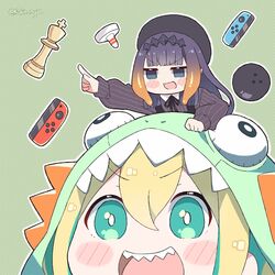  2girls air_hockey_mallet amano_pikamee artistic_error ball blonde_hair blue_eyes blush blush_stickers bowling_ball carrying chess_piece commentary dinosaur_hood green_eyes green_hair hat hololive hololive_english joy-con kukie-nyan long_hair multicolored_hair multiple_girls ninomae_ina&#039;nis ninomae_ina&#039;nis_(casual) open_mouth piggyback pointing pointy_ears purple_hair sharp_teeth simple_background smile striped striped_background teeth tentacle_hair twitter_username two-tone_hair virtual_youtuber voms 