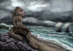  absurd_res anthro armband beach brown_body brown_fur canid canine cloud darkness dire_wolf emil_landvik extinct feathers fur hi_res kilt landscape leg_wraps male mammal moody_lighting mountain plant prehistoric_species raining rock sad sand sea seaside secrets_of_uncrom shore sitting snow solo storm sun_rays tree uncrom valtalska valtalska_dercas water water_droplets wave wraps wrist_wraps yellow_eyes yenocwolf 