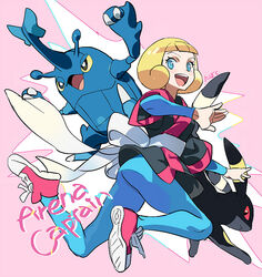  :d artist_name blonde_hair blue_bodysuit blue_eyes blunt_bangs bob_cut bodysuit commentary_request dougi eyelashes female greta_(pokemon) heracross nibo_(att_130) open_mouth pink_footwear pokemon pokemon_(creature) pokemon_emerald pokemon_rse sash shoes short_hair short_sleeves smile sneakers teeth tongue umbreon upper_teeth_only 