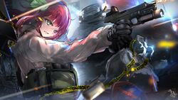  ammunition_pouch angel_beats! battle black_gloves black_hairband blurry bulletproof_vest car casing_ejection caution_tape clenched_teeth commentary commission damaged depth_of_field eyelashes female fighting_stance firing floating_hair glock gloves green_eyes green_ribbons grey_jacket gun hair_between_eyes hair_ribbon hairband handgun head_tilt headlight headlight_beam holding holding_gun holding_weapon jacket load_bearing_vest locked_slide long_sleeves looking_afar medium_hair military_uniform motion_blur motor_vehicle muzzle_flash nakamura_yuri no_stopping_sign optical_sight outdoors own_hands_together pouch red_hair reflex_sight ribbon road_sign rock shell_casing shirt sign signature skeb_commission solo sweat takei_(jamfusion) teeth uniform upper_body van weapon white_shirt 