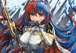  absurdres alear_(female)_(fire_emblem) alear_(fire_emblem) armor blood blue_eyes blue_hair braid breasts crossed_bangs crown_braid dress female fire_emblem fire_emblem_engage gloves heterochromia highres long_hair looking_at_viewer mochigana multicolored_hair red_eyes red_hair solo split-color_hair two-tone_hair very_long_hair 