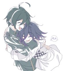  2boys ahoge black_hair checkered closed_eyes commentary_request cropped_torso danganronpa_(series) danganronpa_v3:_killing_harmony gakuran hair_between_eyes hug jacket jingle_(mhb729) long_sleeves male_focus multiple_boys oma_kokichi open_mouth purple_hair saihara_shuichi school_uniform short_hair simple_background straitjacket upper_body white_background 