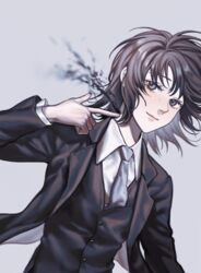  arm_support black_blood black_hair black_jacket black_vest bleeding blood blue_eyes closed_mouth collared_shirt female finger_gun floating_hair formal freckles grey_background grey_necktie gun handgun hatohara_mirai jacket leaning_to_the_side long_sleeves looking_at_viewer necktie ninomiya_squad&#039;s_uniform nishi2023 open_clothes open_jacket poking shirt short_hair simple_background sitting smile solo suit vest weapon white_shirt world_trigger 