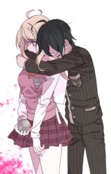  1boy ahoge akamatsu_kaede ball black_hair blonde_hair blood breasts commentary_request danganronpa_(series) danganronpa_v3:_killing_harmony female gakuran hair_ornament highres hug hug_from_behind jacket jingle_(mhb729) long_hair long_sleeves musical_note musical_note_hair_ornament musical_note_print open_mouth pants pink_blood pink_skirt purple_blood saihara_shuichi school_uniform short_hair simple_background skirt sweater_vest 