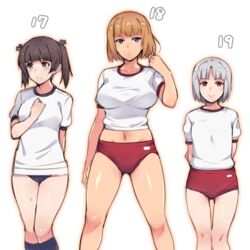  3girls blonde_hair blue_buruma blue_eyes blush brave_witches breasts brown_hair buruma character_age closed_mouth commentary edytha_rossmann em_(totsuzen_no_hakike) feet_out_of_frame georgette_lemare gundula_rall hair_ribbon large_breasts looking_at_viewer midriff multiple_girls navel red_buruma red_eyes ribbon shirt short_hair simple_background small_breasts smile standing symbol-only_commentary twintails white_background white_hair white_shirt world_witches_series 