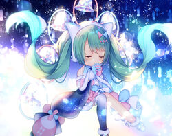  asymmetrical_gloves bad_id bad_pixiv_id bare_shoulders bell blue_gloves blue_thighhighs blush boots chibi closed_eyes commentary covered_mouth female fur-trimmed_boots fur-trimmed_gloves fur-trimmed_skirt fur_trim gloves green_hair hands_up hatsune_miku headphones long_hair magical_mirai_(vocaloid) magical_mirai_miku magical_mirai_miku_(2020_winter) mismatched_gloves own_hands_clasped own_hands_together pink_gloves shiomizu_(swat) single_thighhigh skirt solo thighhighs twintails very_long_hair vocaloid white_footwear white_skirt 