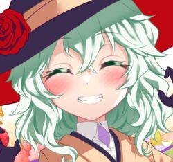  adapted_costume black_gloves blush close-up closed_eyes female flower gloves grin hair_between_eyes hands_up hat hat_flower komeiji_koishi nomayo portrait red_flower red_rose rose simple_background smile solo tilted_headwear touhou white_background 