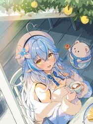  ahoge bangs bare_shoulders beret blue_coat blue_hair blue_neckwear blush bow bowtie braid breasts cake center_frills cleavage cleavage_cutout clothing_cutout coat colored_tips cup daifuku_(yukihana_lamy) elf eyebrows_visible_through_hair female flower food frilled_shirt frills fur-trimmed_coat fur_trim hair_between_eyes hair_flower hair_ornament hat heart_ahoge highres holding holding_cup hololive large_breasts long_hair looking_at_viewer multicolored_hair off_shoulder open_mouth pointy_ears rokcha shirt signature sitting sleeveless sleeveless_shirt smile snowflake_hair_ornament solo streaked_hair twitter_username very_long_hair virtual_youtuber white_headwear white_shirt yellow_eyes yukihana_lamy 