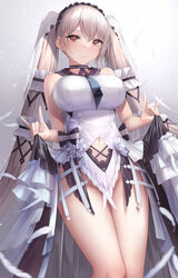  azur_lane bare_shoulders black_choker black_neckerchief black_sailor_collar bow breasts choker closed_mouth clothes_lift clothing_cutout commentary_request cowboy_shot dress dress_bow dress_lift falling_feathers feather_dress feathers female formidable_(azur_lane) formidable_(timeless_classics)_(azur_lane) grey_hair groin hair_between_eyes hair_ornament hair_ribbon highres large_breasts long_hair looking_at_viewer mizuya_nao navel navel_cutout neckerchief official_alternate_costume red_eyes ribbon sailor_collar sidelocks simple_background sleeveless sleeveless_dress smile solo standing twintails two-tone_dress two-tone_ribbon veil very_long_hair white_background white_dress 