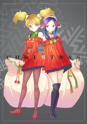  2girls bell black_footwear black_hair blonde_hair blue_hair boots bow christmas closed_mouth commentary dress dress_straps english_commentary english_text fresh_precure! fur-trimmed_headwear fur_trim green_ribbons grey_legwear hairbow hat higashi_setsuna high_heels holding holding_sack jj_(ssspulse) long_sleeves medium_hair momozono_love multiple_girls neck_bell neck_ribbon off-shoulder_dress off_shoulder pantyhose pink_eyes precure red_dress red_eyes red_footwear red_headwear ribbon sack short_dress short_hair side-by-side smile standing thigh_boots thighhighs toes_up twintails 