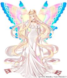  absurdly_long_hair aurora_(fate) bare_shoulders blonde_hair blush breasts butterfly_wings circlet cleavage dress fairy fairy_wings fate/grand_order fate_(series) female full_body hand_up insect_wings jewelry large_breasts long_hair looking_at_viewer mermaid_dress multiple_wings necklace official_art parted_bangs pointy_ears smile solo taa_(acid) tassel transparent_background very_long_hair white_dress wings yellow_eyes 