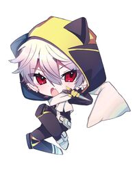  1boy animal_hood apex_legends black_bodysuit bodysuit cat_hood chibi commentary cosplay grey_hair highres hood hood_up kom0980 kuzuha_(nijisanji) looking_at_viewer male_focus nijisanji oerba_yun_fang open_mouth red_eyes scarf skin_fang solo symbol-only_commentary v-shaped_eyebrows virtual_youtuber void_prowler_wraith white_background white_scarf wraith_(apex_legends) wraith_(apex_legends)_(cosplay) 