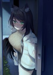  animal_ears bag beige_sweater black_hair blush breasts cable_knit cat_ears commentary_request doorway female grabbing green_eyes grey_skirt highres illian-san jacket large_breasts long_hair looking_at_viewer opening_door original pencil_skirt pov_doorway shoulder_bag sidelocks skirt solo white_bag white_jacket 