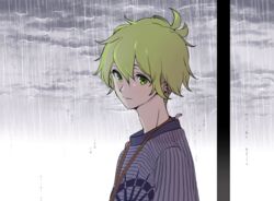  1boy amami_rantaro blue_shirt cloud cloudy_sky commentary_request danganronpa_(series) danganronpa_v3:_killing_harmony ear_piercing green_eyes green_hair hair_between_eyes jewelry jingle_(mhb729) male_focus necklace piercing rain shirt short_hair sky solo striped_clothes striped_shirt 