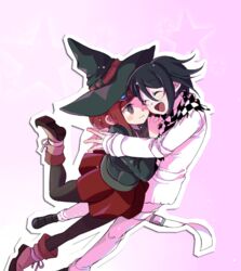  1boy black_hair black_headwear black_jacket black_pantyhose blush boots checkered_clothes checkered_scarf closed_eyes closed_mouth commentary_request danganronpa_(series) danganronpa_v3:_killing_harmony female hair_ornament hairclip hat hug jacket jingle_(mhb729) long_sleeves oma_kokichi open_mouth outline pantyhose pink_background red_hair red_skirt scarf short_hair simple_background skirt star_(symbol) straight straitjacket wavy_mouth white_outline witch_hat yumeno_himiko 