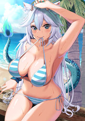  animal_ear_fluff animal_ears arm_above_head arm_up beach bikini bikini_in_mouth blue_bikini breasts cat_ears cleavage clothes_in_mouth dragon_girl dragon_horns dragon_tail female flame-tipped_tail green_nails grey_eyes grey_hair highres horns large_breasts long_hair looking_at_viewer nail_polish navel outdoors palm_tree smile solo string_bikini striped_bikini striped_clothes swimsuit tail tree valfer vei_(vtuber) vei_(vtuber)_(8th_costume) vei_(vtuber)_(sky_empress) virtual_youtuber vshojo water wet white_bikini 